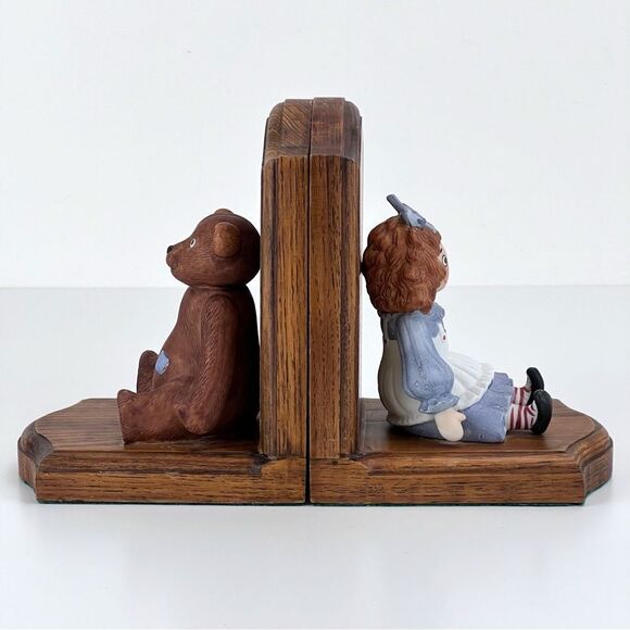 Vintage LEONARD UNRUH Raggedy Ann And Teddy Bear Ceramic And Wood Bookends - Picture 3 of 10